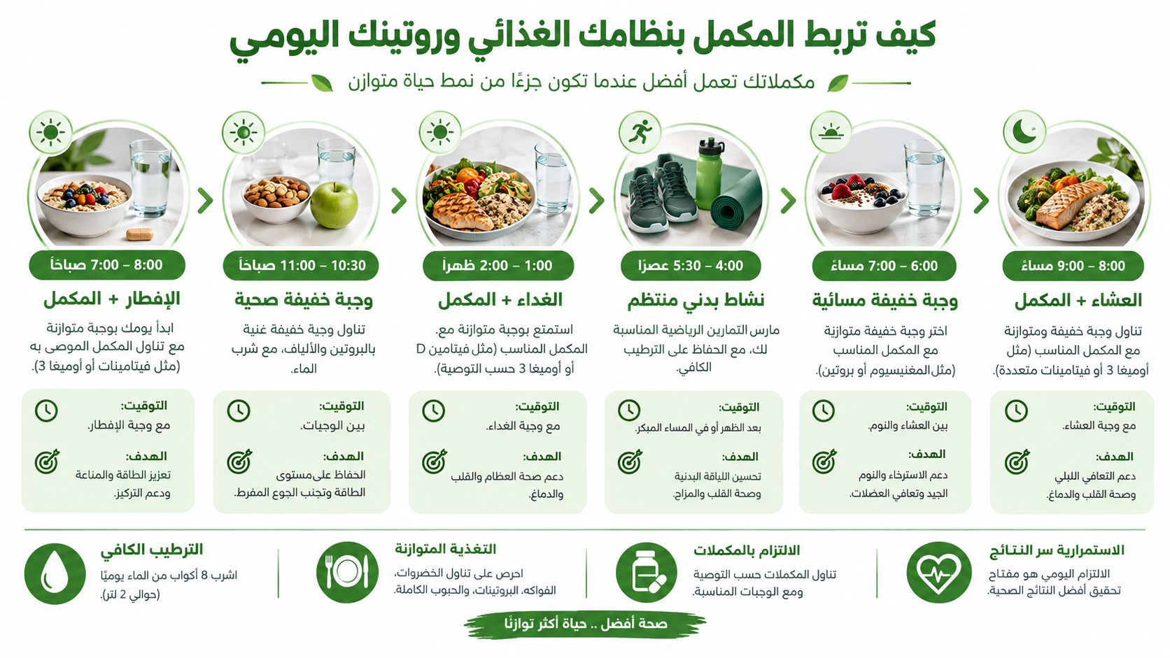 رسم توضيحي لجدول يومي منظم يربط بين الوجبات الغذائية، ممارسة الرياضة، وتوقيت تناول المكملات الغذائية بأسلوب صحي.